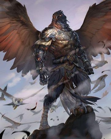 Aarakocra fighter wearing medium armor surrounded by falcons.